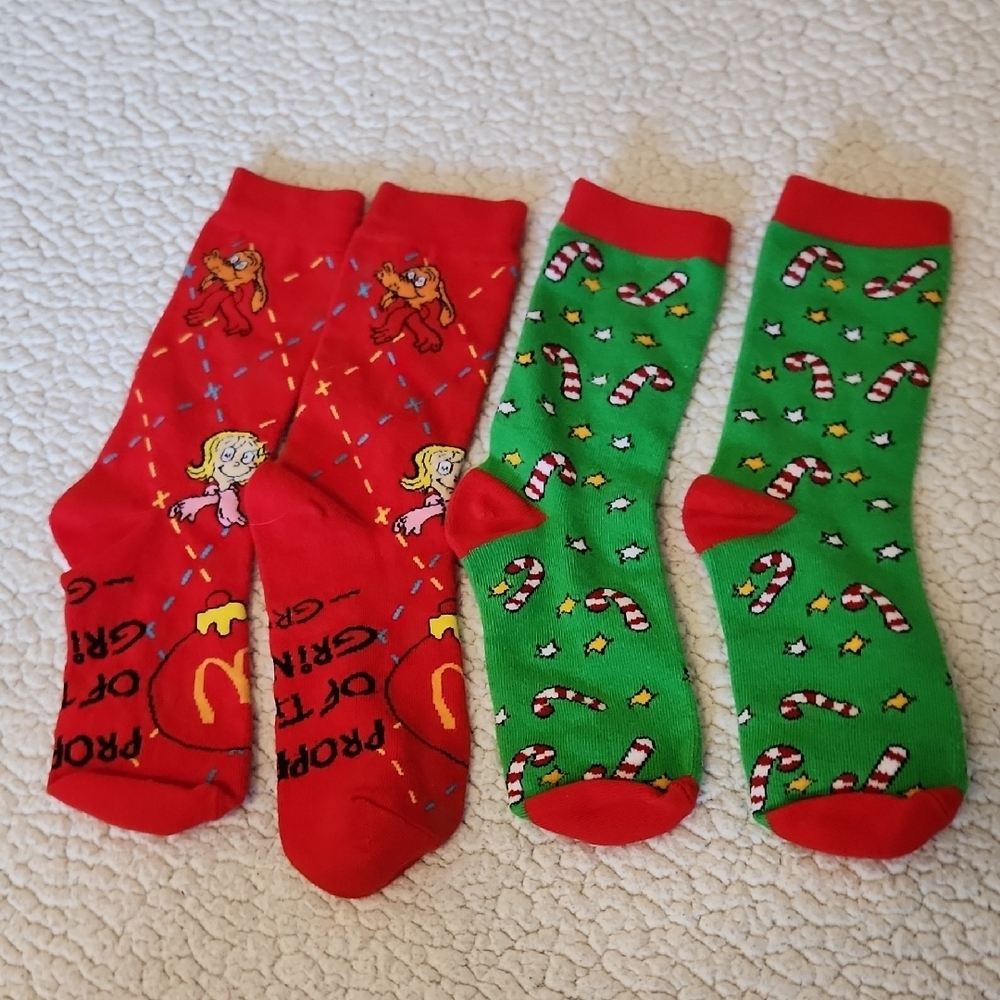 The Grinch McDonalds Set Of 2 Christmas Holiday Time Festive Socks Red Green Joy